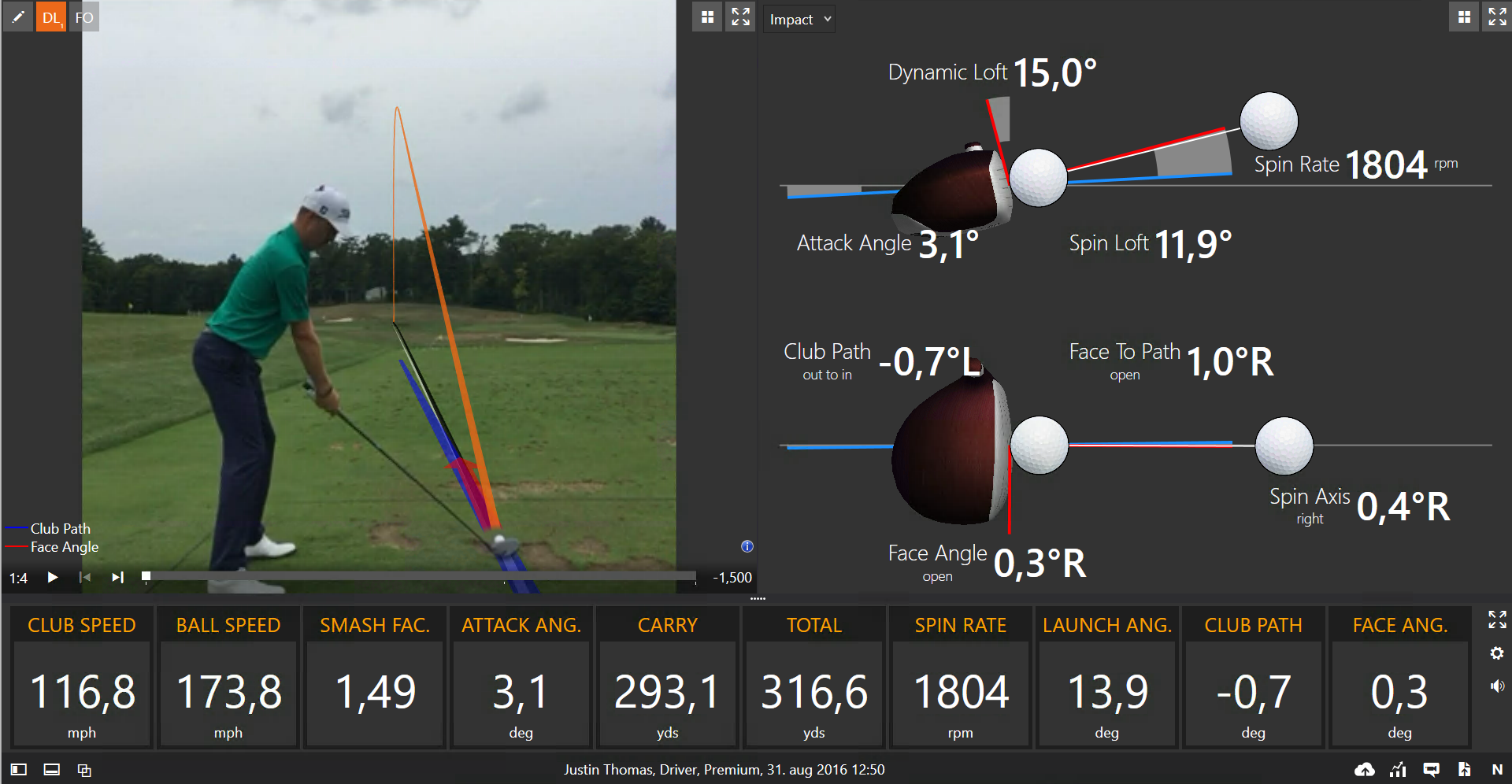 Justin Thomas - Driver - TrackMan Numbers